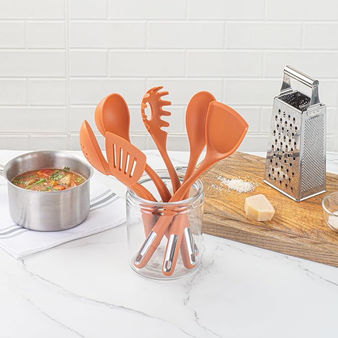 Restaurantware Silicone Utensil Set Pack of 10 Non-Slip Handle 6-Piece Kitchen Tool Set, Heat-Resistant Dishwasher-Friendly Cooking Accessories, Durable Orange Cooking Utensils