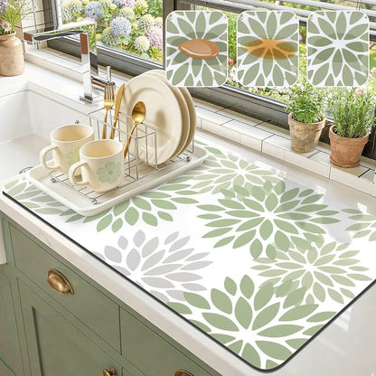Findosom Floral Dish Drying Mat, 17" x 32" Super Absorbent & Hide Stain Coffee Mat, Cuttable Drying Mat for Kitchen Counter, Under Dish Rack, Coffee Maker, Espresso Machine, Sage Green