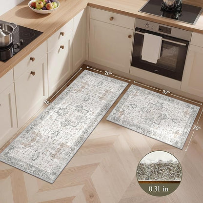 GENIMO Kitchen Rugs Non Slip Washable, 2PCS Kitchen Mats for Floor, Cushioned Standing Mat, Kitchen Runner Rug Floor Mat for Kitchen Decor, Laundry, Sink, Home, 20"x32"+20"x48", Light Taupe Brown