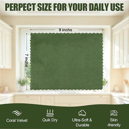 Kitinjoy 24 Pack Kitchen Cloths Dish Towels (7" x 9", Grass Green), Super Soft and Absorbent Dish Cloths, Nonstick Oil Fast Drying Coral Velvet Microfiber Cleaning