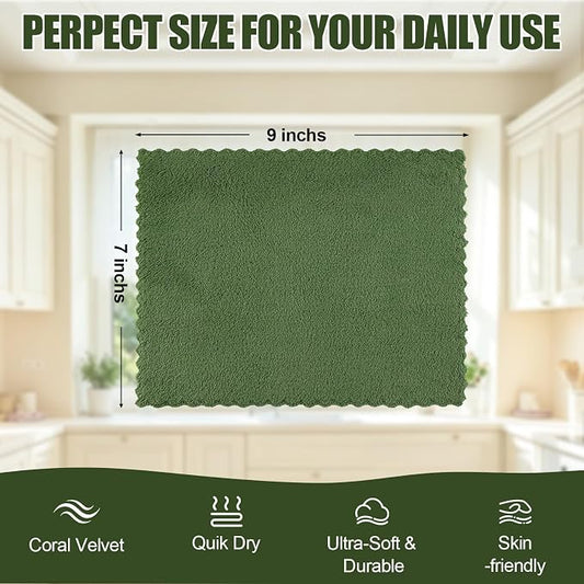 Kitinjoy 24 Pack Kitchen Cloths Dish Towels (7" x 9", Grass Green), Super Soft and Absorbent Dish Cloths, Nonstick Oil Fast Drying Coral Velvet Microfiber Cleaning