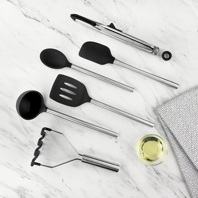 Tovolo Silicone Cooking Utensil Set of 6 Stainless Steel Handle Ladle Slotted Turner Tongs Flex Core Spatula Scraper Mixing Spoon & Potato Masher, Dishwasher Safe BPA Free Utensils, Black