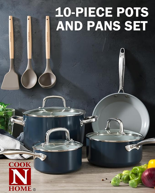 Cook N Home Classic Nonstick Cookware Set, Pots and Pans Cookware Set with Glass Lids and Comfortable Handles, Induction Compatible, 10-Piece, Blue