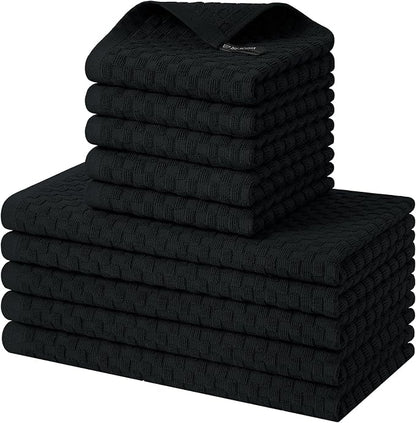 Homaxy 100% Cotton Kitchen Towels and Dishcloths Set, 12 x 12 & 15 x 25 Inches, Set of 10 Bulk Terry Cloth Dish Towels, Super Soft and Absorbent Hand Towel with Hanging Loop, Black