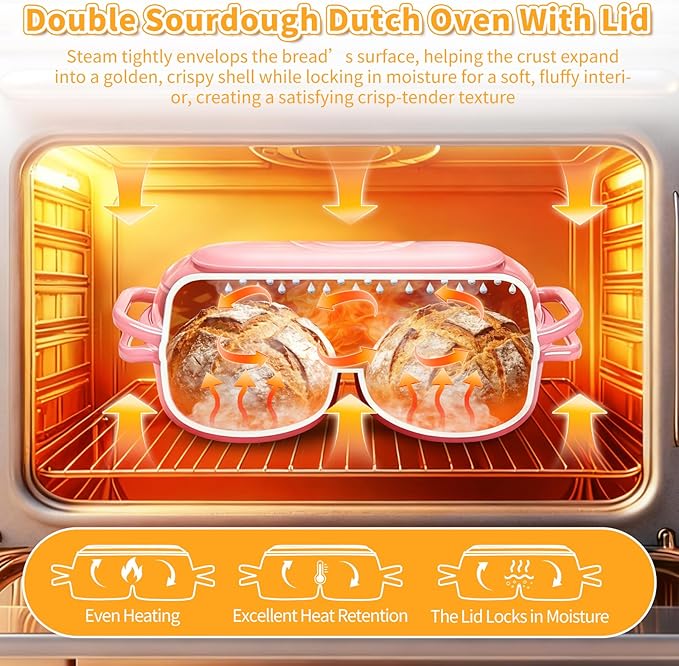 Mini Double Dutch Oven For Sourdough Bread Baking, 2.2QT Enameled Cast Iron Dutch Oven Pot With Lid, Non Stick Dual Round Bread Loaf Pan, 500°F Oven Safe, Sourdough Baking Pan For Homemade Baking