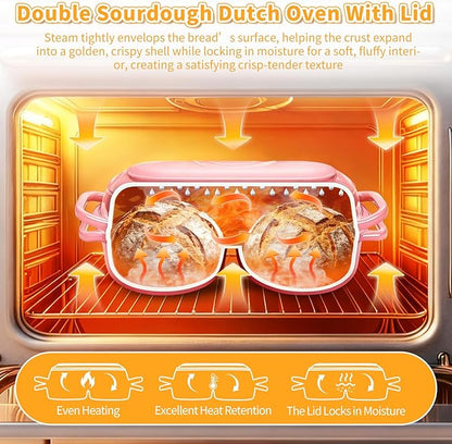 Mini Double Dutch Oven For Sourdough Bread Baking, 2.2QT Enameled Cast Iron Dutch Oven Pot With Lid, Non Stick Dual Round Bread Loaf Pan, 500°F Oven Safe, Sourdough Baking Pan For Homemade Baking