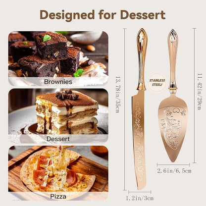 KSENDALO Elegant Wedding Cake Knife and Server Set with Hollow Handle, Rose Gold Serrated Knife Cake Cutting Set, 18/8 Stainless Steel Pie Server for Weddings, Birthdays & Anniversary,13.78inch Long