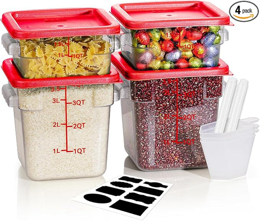 2QT&4QT NSF Food Storage Containers with Lids: 4 PCS [Total Food Grade][Hot&Cold Resistant] Commercial Clear Food Storage Containers for Restaurant Kitchen Proof Dough (Red)