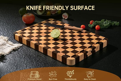 THETCHRY Cutting Boards for Kitchen, Checkered Cutting Board Thickened, Walnut & Rubber Wood Chopping Board with Juice Groove & Handle, Double-sided Butcher Block with Gift Box, 16.5" x 11.6" x 1.2"