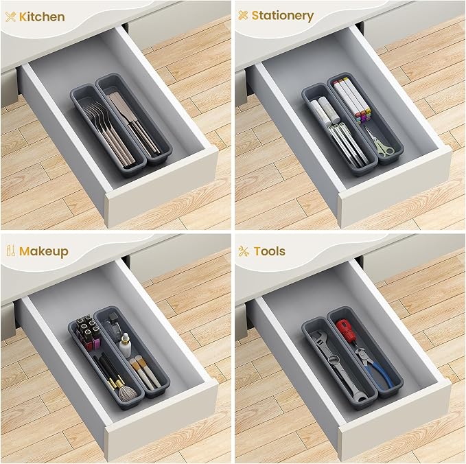 2 Pack Silicone Silverware Drawer Organizer, DIY Free Combination Kitchen Drawer Organizer, Utensil Organizer, Moisture-proof and Heat-resistant up to 200°C, Anti-slip Design (Grey)