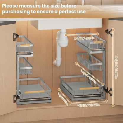 Under Sink Organizer and Storage for Bathroom and Kitchen - 2 Pack 3 Tier Under Cabinet Pull Out Shelf Organizers - Slide Out Drawer Organization for Home Cabinets Shelves and Drawers