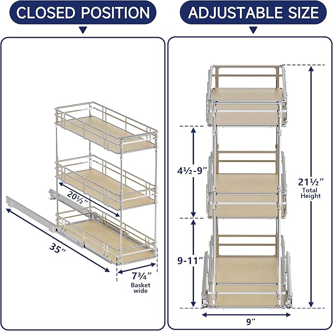 9" W x 20.5" D 3-Tier Pull Out Spice Rack Organizer, Solid Wood Base Slide Out Cabinet Shelf for Narrow Kitchen Cabinets, Chrome Pantry Storage