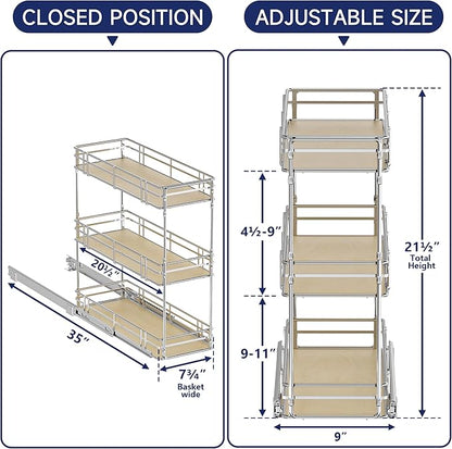 9" W x 20.5" D 3-Tier Pull Out Spice Rack Organizer, Solid Wood Base Slide Out Cabinet Shelf for Narrow Kitchen Cabinets, Chrome Pantry Storage