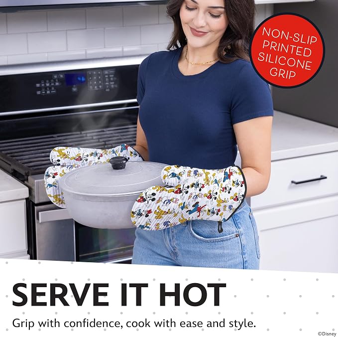 Disney Silicone Oven Mitts Heat Resistant – Set of 2 Long Cuff Cotton Kitchen Mitts with Silicone Grip Stripes, Cute Oven Mitts & Pot Holders for Cooking, Baking & Kitchen Essentials –Mickey & Friends