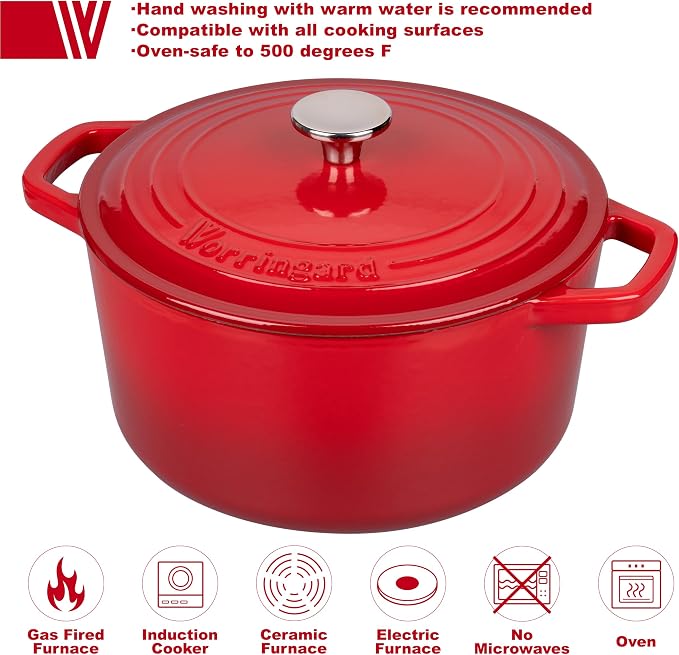 VORRINGARD Enameled Cast Iron Dutch Oven Pot with Lid, for Bread Baking, Round Bread Oven- include Sourdough Bread Baking Supplies Set, 6QT, Red
