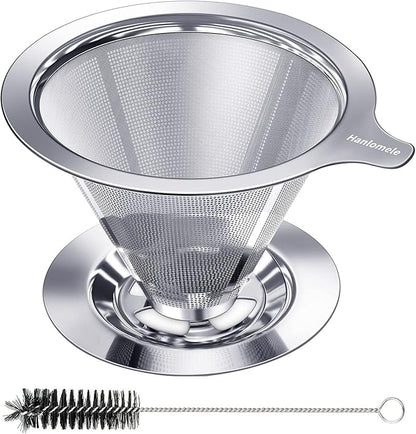 Hanlomele Pour Over Coffee Dripper, Paperless Reusable Coffee Filter, Pour Over Coffee Maker for Single Cup Brew, Double Mesh Design of Stainless Steel Cone Filter for Perfect Extraction (1-4 Cup)