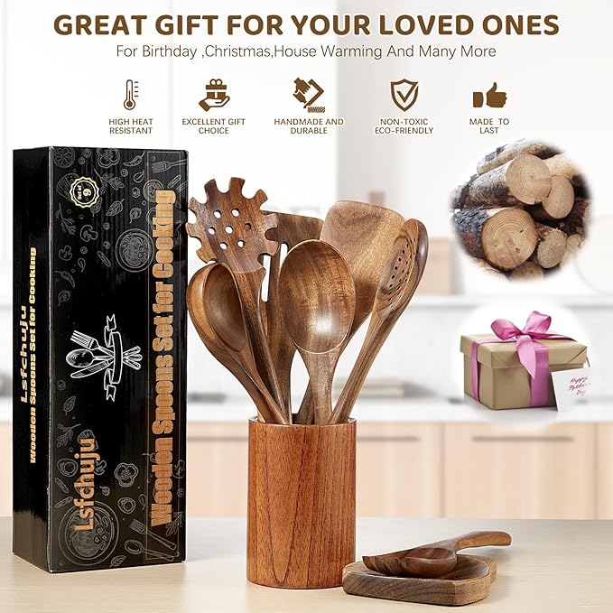 Wooden Spoons for Cooking - 10 Piece Natural Teak Wood Kitchen Utensil Set, Wooden Spoons Set with Holder, Spoon Rest & Hooks, Wooden Spatula Set with 7 metal hooks