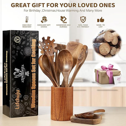 Wooden Spoons for Cooking - 10 Piece Natural Teak Wood Kitchen Utensil Set, Wooden Spoons Set with Holder, Spoon Rest & Hooks, Wooden Spatula Set with 7 metal hooks