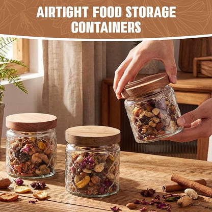 Suclain 6 Pcs 17 OZ Vintage Glass Jar with Acacia Wood Lids Airtight Glass Storage Canisters Kitchen Spice Jars Food Storage Containers for Pantry Coffee Grains Tea Sugar Flour(Lantern)