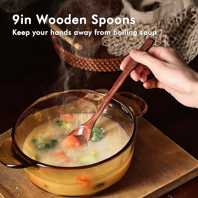 6pcs 9in Wooden Spoons, Soup Spoons Set, Long Handle Wooden Utensils for Cooking, Tasting, Serving, Stirring and Mixing (6pcs 9in)