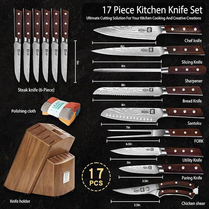 17-Pack kitchen knife set, wooden blocks,sharp high carbon stainless steel blades,hardwood handles,Sharpener,chicken bone clipper,microfiber towels,gift packaging,for families, restaurants, chefs.