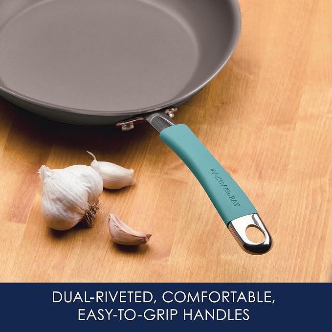 Rachael Ray Cucina Dishwasher-Safe Hard-Anodized Pots and Pans Set Non Stick Cookware, 12 Piece, Gray with Agave Blue Handles
