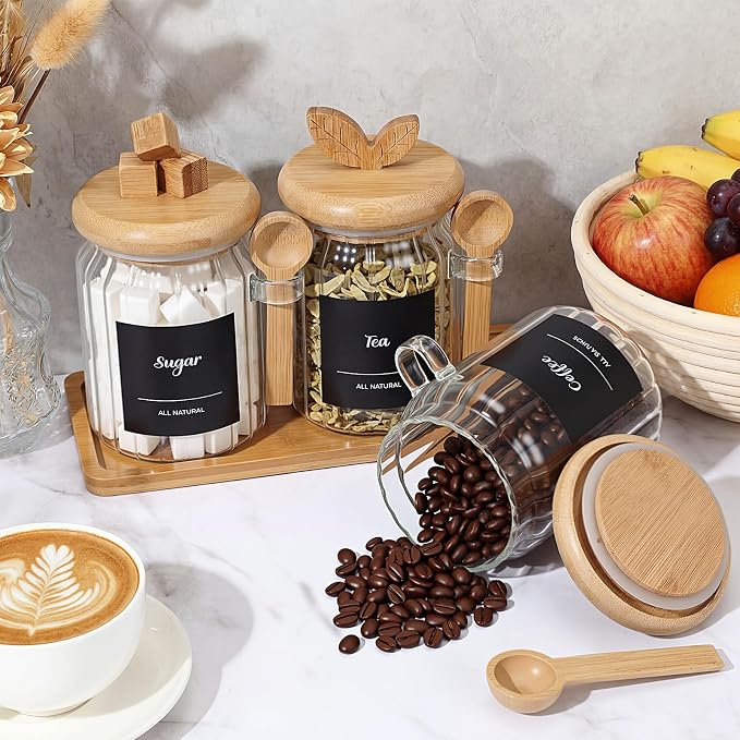 Suclain 3 Pcs Glass Coffee Container with Bamboo Color Lid & Spoon, 20.3 oz Airtight Glass Jar with Wooden Shelf, Food Storage Containers Coffee Jar Tea Container(Bamboo Color)