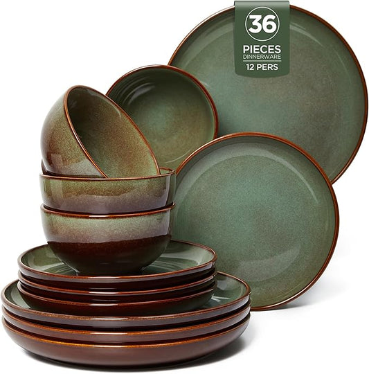 Pokini Stoneware Dinnerware Sets Service for 12, 36 pcs Reactive Glaze Plates and Bowls Sets, Handmade Ceramic Dish Set, Highly Chip and Crack Resistant Modern Plate Set, Brown Green