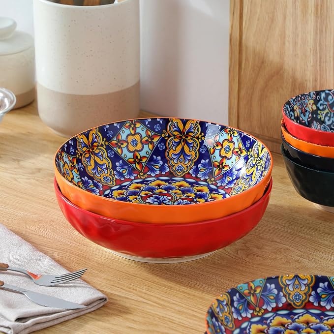 vancasso Large Serving Bowls, 78 Oz Extra Large Salad Bowls Set of 2, Bohemian Decorative Bowls for Salad, Fruit, Pasta and Dinner, Serving Dishes Set for Party, Dishwasher & Microwave Safe－Red