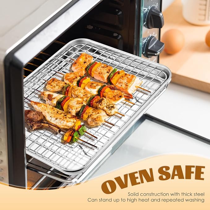 Toaster Oven Baking Sheet Set, E-far 10.5”x8.3” Small Stainless Steel Cookie Sheet Pan with Wire Rack & Silicone Mat for Cooking Broiling, Rimmed Metal Tray Roasting Cooling Bacon Steak