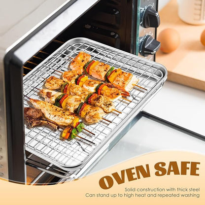 Metal Toaster Oven Tray with Rack Set, E-far 10.5”x8.3” Baking Sheet Broiling Pan with Stainless Steel Wire Grate Rack for Cooking Baking Bacon Steak Cooling Cookie - Dishwasher Safe