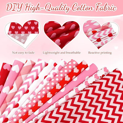 Tatuo 30 Pcs 10 x 10 Inches Valentine Cotton Fabric Bundle Squares Patchwork Pink Heart Fabric Sewing Quilting Bundles Assorted Pattern Cloth for DIY Scrapbook Craft Making