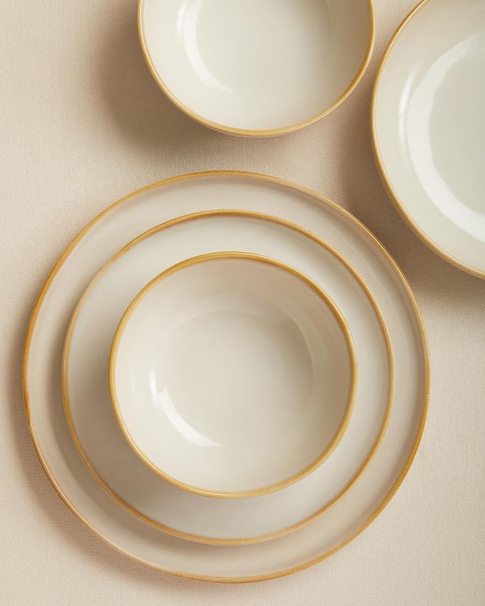 Pokini Plates and Bowls Sets, 16 Pieces Dinnerware Set for 4 with Pasta Bowls, Handmade Dishes Set, Chip Resistant Dishware Sets, Microwave Safe Dinner Set, Designed for Interactive Meal, Yellow White