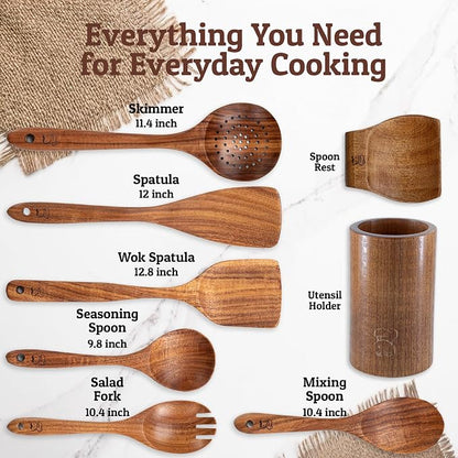 PriorityChef Wooden Spoons for Cooking, Premium 6pc Teak Wood Utensil Set with Hanging Hooks, Utensil Holder and Spoon Rest
