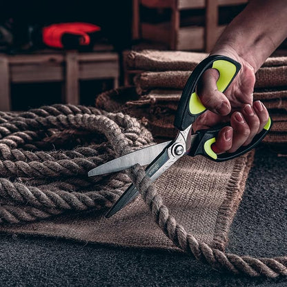LIVINGO Heavy Duty Industrial Scissors: 10" Utility Stainless Steel Sharp Scissors all Purpose Premium Titanium Coating Forged Shop Shears for Household Pruning, Gardening, Construction, Green/Black
