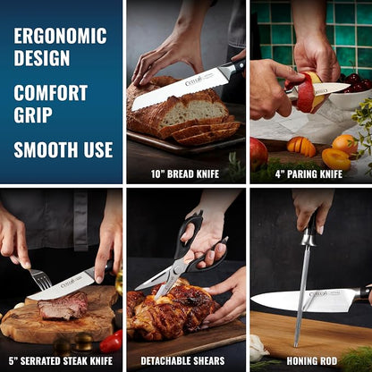 Cutluxe 15-Piece Knife Set – High Carbon German Steel Blades, Full Tang Design & Ergonomic Pakkawood Handles in Walnut Wood Block – Artisan Series