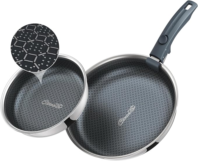 Ciwete Hybrid Non Stick Frying Pans Set 3-Piece, 8 & 10 Inch Tri-Ply Stainless Steel Pans Set with Detachable Handle, PFOA Free Kitchen Skillets for All Cooktops, Dishwasher & Oven-Safe Cooking Pan