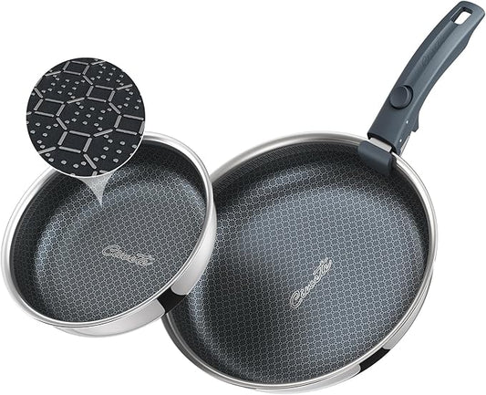 Ciwete Hybrid Non Stick Frying Pans Set 3-Piece, 8 & 10 Inch Tri-Ply Stainless Steel Pans Set with Detachable Handle, PFOA Free Kitchen Skillets for All Cooktops, Dishwasher & Oven-Safe Cooking Pan
