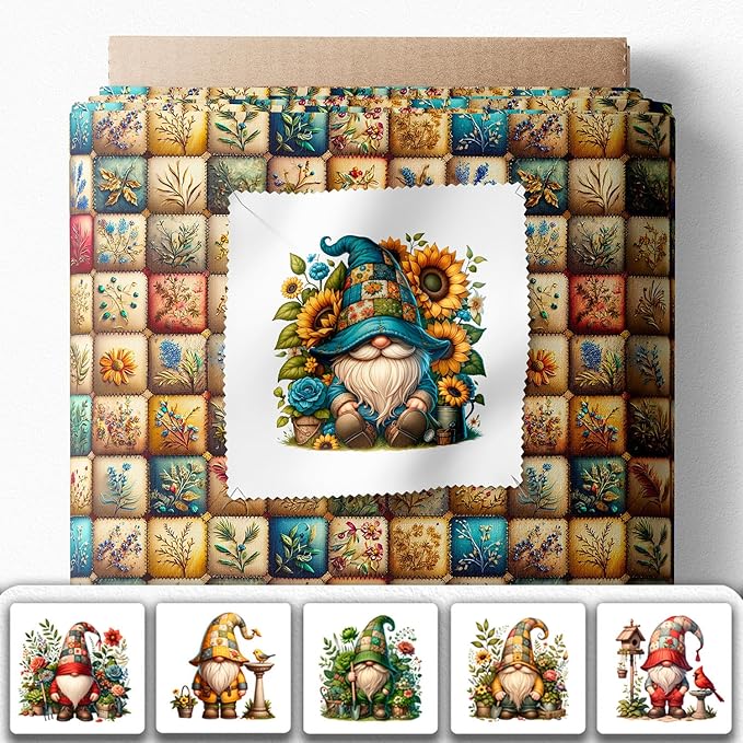 Gnome Patchwork Cotton Fabric Panel – 6 Designs 10×10 inch + Bonus Patchwork Sheet 29.5×19.6 inch, 100% Cotton 140 GSM, Eco-Printed Quilting & Sewing Fabric (USA Size)