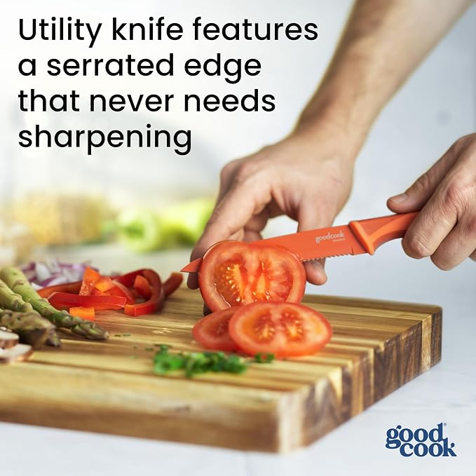 GoodCook Knife Set High Carbon Stainless Steel Kitchen Knives with Nonstick Finish Slip Resistant Grips and Protective Sheaths, Set Includes Paring Utility and Chef's Knives, 3-Piece Set, Multicolor
