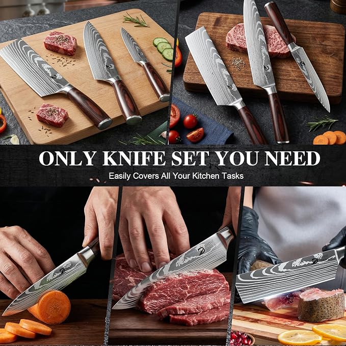 Dfito Kitchen Knife Set, 3 Pieces High Carbon Stainless Steel Chef Knife Set with Red Pakkawood Handle, Ultra Sharp Professional Chef Knives Sets for Home Cooking, Dishwasher Safe