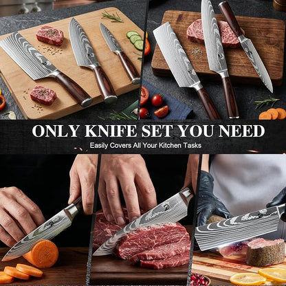 Dfito Kitchen Knife Set, 3 Pieces High Carbon Stainless Steel Chef Knife Set with Red Pakkawood Handle, Ultra Sharp Professional Chef Knives Sets for Home Cooking, Dishwasher Safe