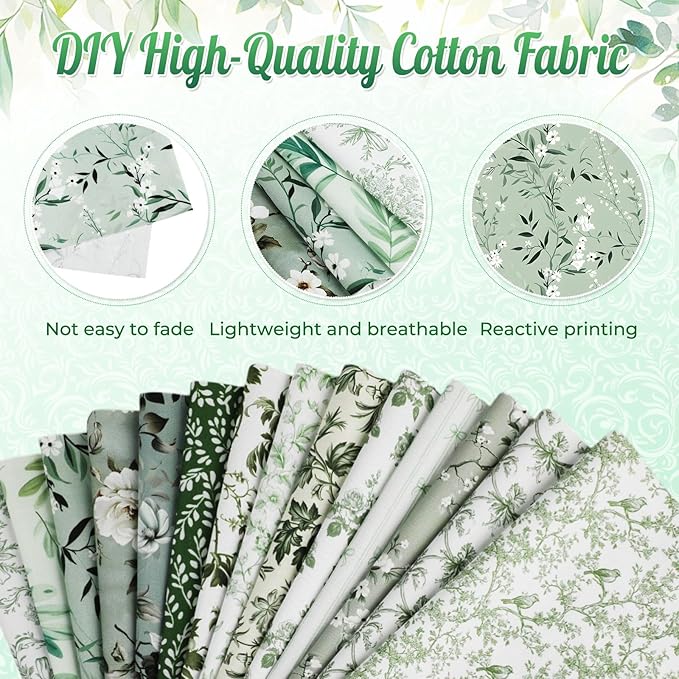 Tatuo 30 Pieces 10 x 10 Inches Sage Green Floral Quilting Fabric Bundle Cotton Squares Patchwork Vintage Greenery Floral Fabric Sewing Bundles Retro Eucalyptus Cloth for DIY Scrapbook Craft Making