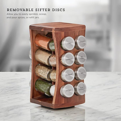 Kamenstein 16 Jar Hourglass Revolving Countertop Spice Rack with Spices Included, FREE Spice Refills for 5 years, Acacia with Stainless Steel Caps