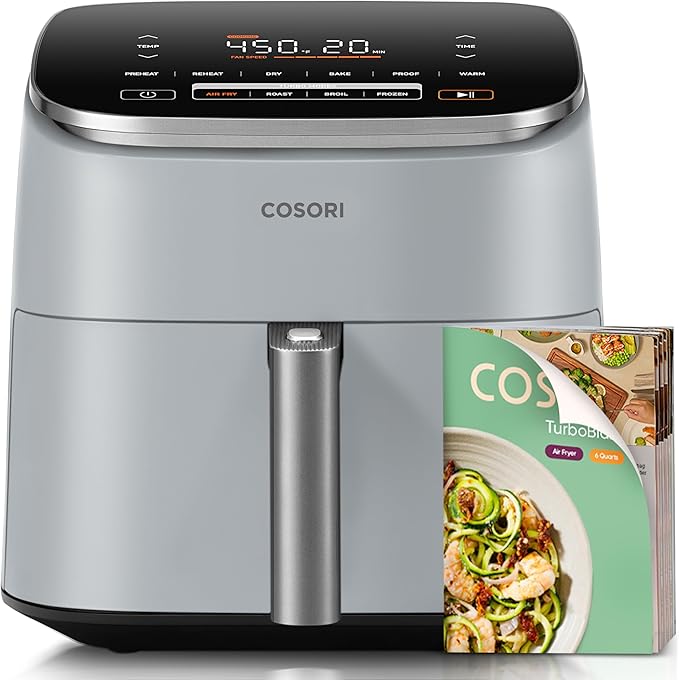 Cosori 9-in-1 TurboBlaze Air Fryer 6 Qt, Premium Ceramic Coating, 90°–450°F, Precise Heating for Even Results, Air Fry, Roast, Bake, Broil, Dry, Frozen, Proof, Reheat, Keep Warm, 120V, Light Gray