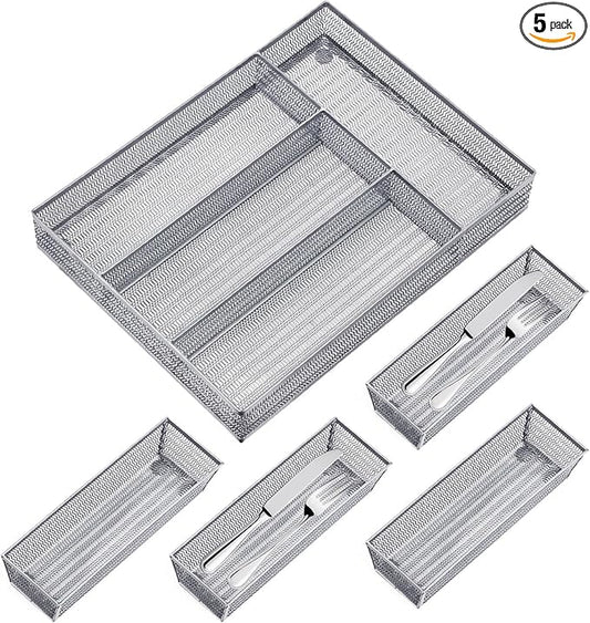Neudeco Drawer Organizer Set, Silver, 5 Pack | 4-Compartment Silverware Tray, 4 Utensil Trays, Silver Mesh, Non-Slip, For Flatware, Cutlery, Office Supplies