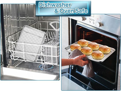 TeamFar Baking Tray with Rack, 12.3 x 9.7 x 1 Inch Stainless Steel Toaster Oven Baking Pan with Grid Rack for Baking Roasting Cooling, Healthy & Heavy-Duty, Oven & Dishwasher Safe, 2pcs