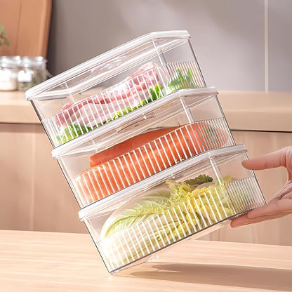 Fridge Food Fruit Storage Container Bin with lid, Refrigerator food vegetable Organizer Fresh Keeper Container with timer lid Fruit Vegetables storage bin For fridge (0.9L+1.8L+3.4L)