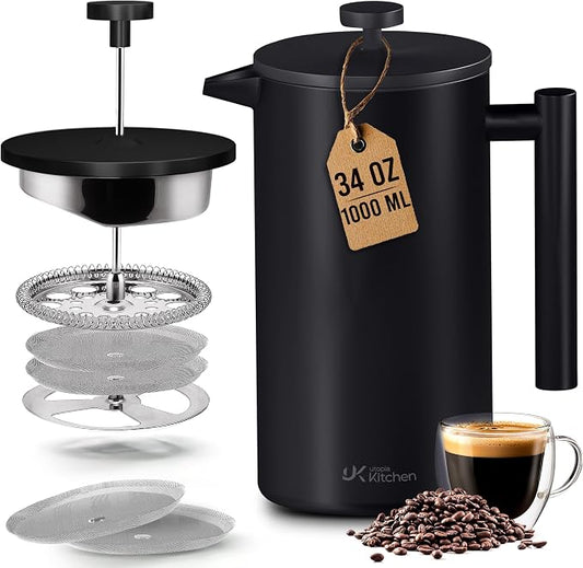 Utopia Kitchen 304 Grade Stainless Steel French Press Coffee Maker 34 Oz, Double Wall Insulated Coffee Press with 4-Level Filtration system, Include 2 Extra Filters, Rust-Free, Black