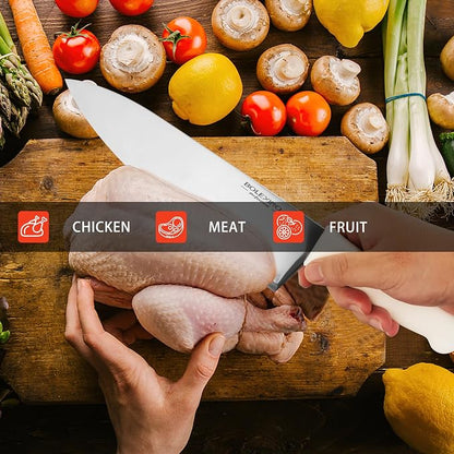 10 inch Japanese High Carbon Stainless Steel Chef Knife, Professional Sharp Wide Cook Knife with Non-slip Ergonomic Handle, for Kitchen Home Restaurant (White)